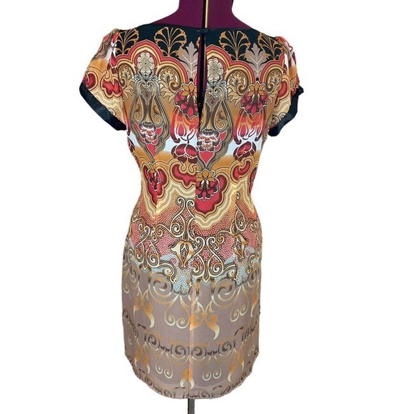 CATO Tropical Chiffon Dress Gold Red Browns Shortsleeved Lined Size 14 - Picture 16 of 16